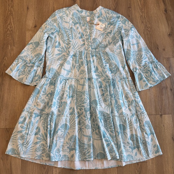 Sheridan French Caty Midi Dress Whimsical Island Sky Print Ruffle Sleeves XL NWT - Picture 3 of 8